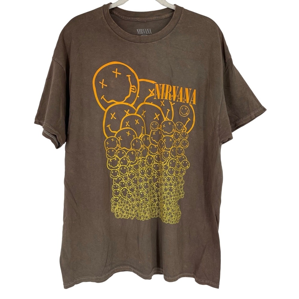 Officially Licensed Nirvana Smiley Faces Grunge‎ Tee Brown Acid Wash XL
